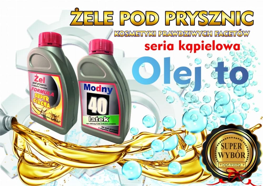 Baner reklamowy żeli pod prysznic w butelkach jak olej silnikowy