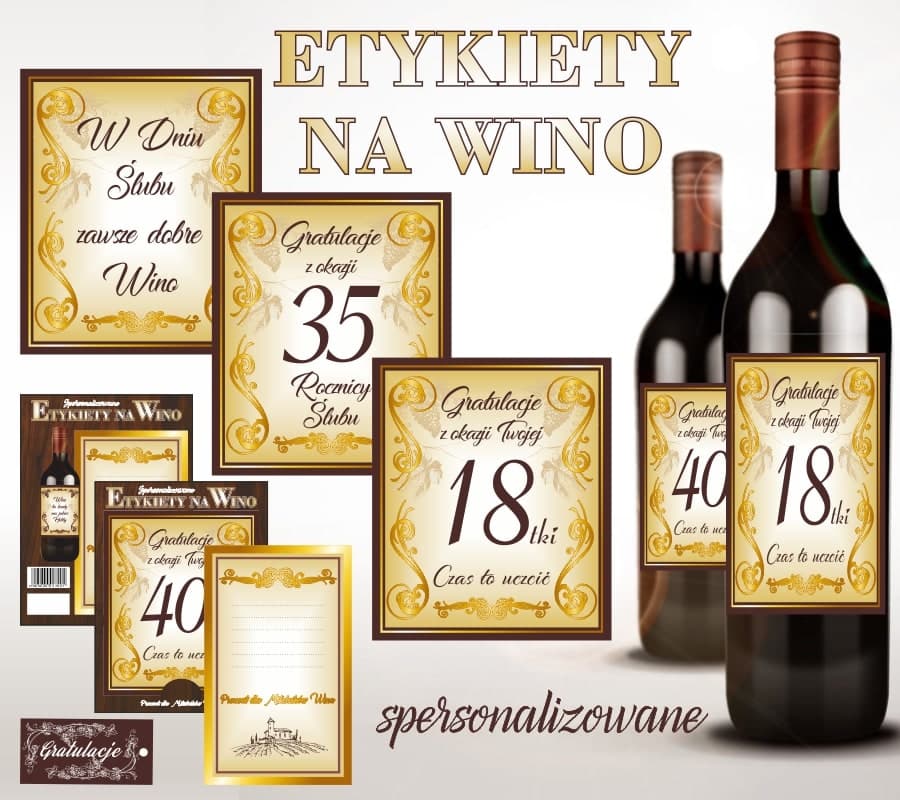 Etykiety na wino na urodziny i rocznicę ślubu, naklejone na butelki