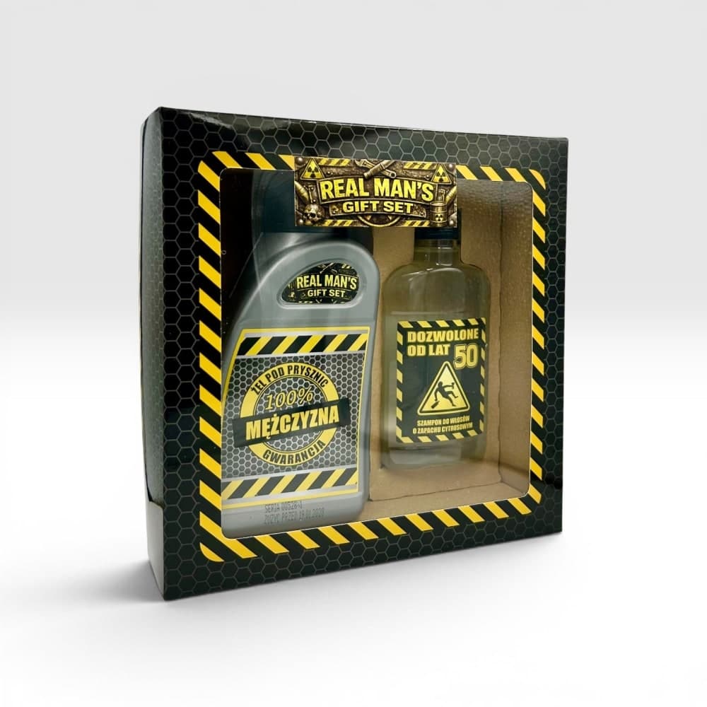 Real Man's Gift Set 50 — żel pod prysznic w butelce jak olej silnikowy i szampon, w pudełku z okienkiem