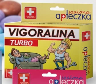 Pudełko Vigoralina TURBO z rysunkiem leniwego i umięśnionego mężczyzny